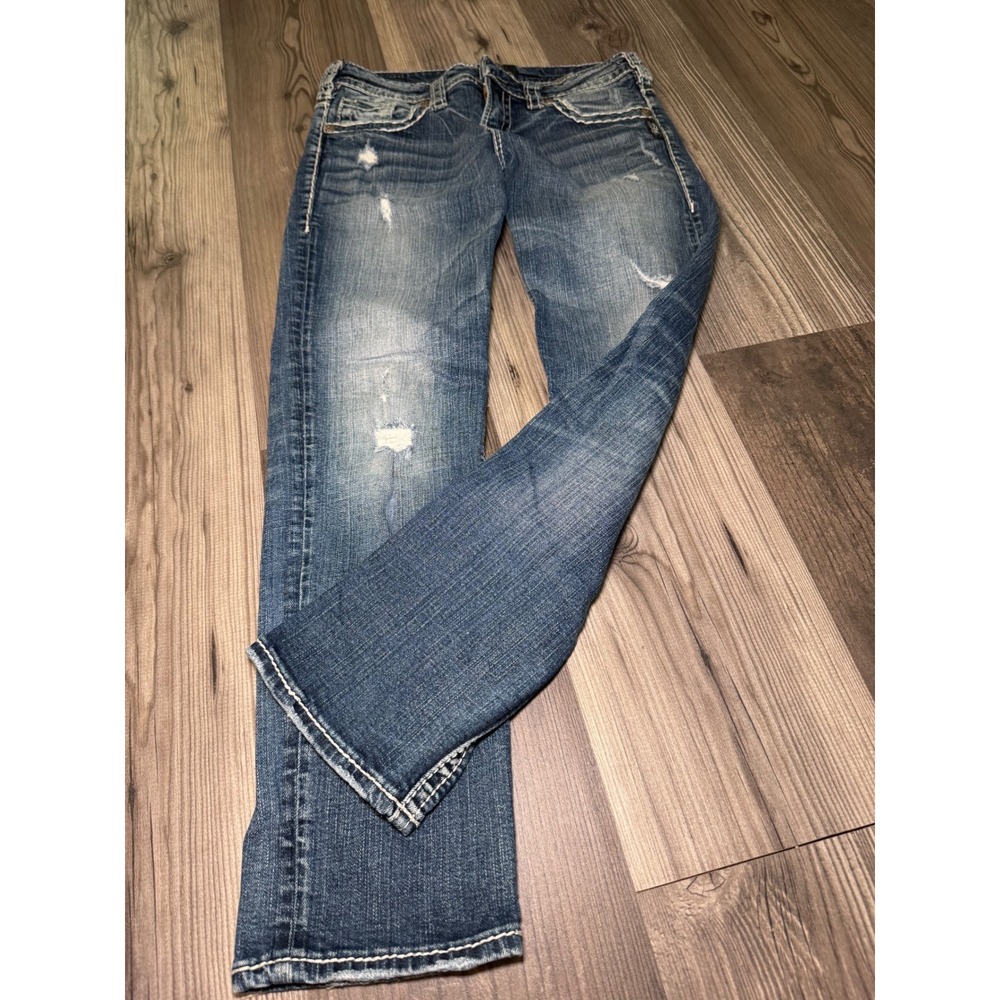 Silver Jeans Co Aiko Mid Rise Slim Bootcut Distressed Denim W26 L25 Medium Wash